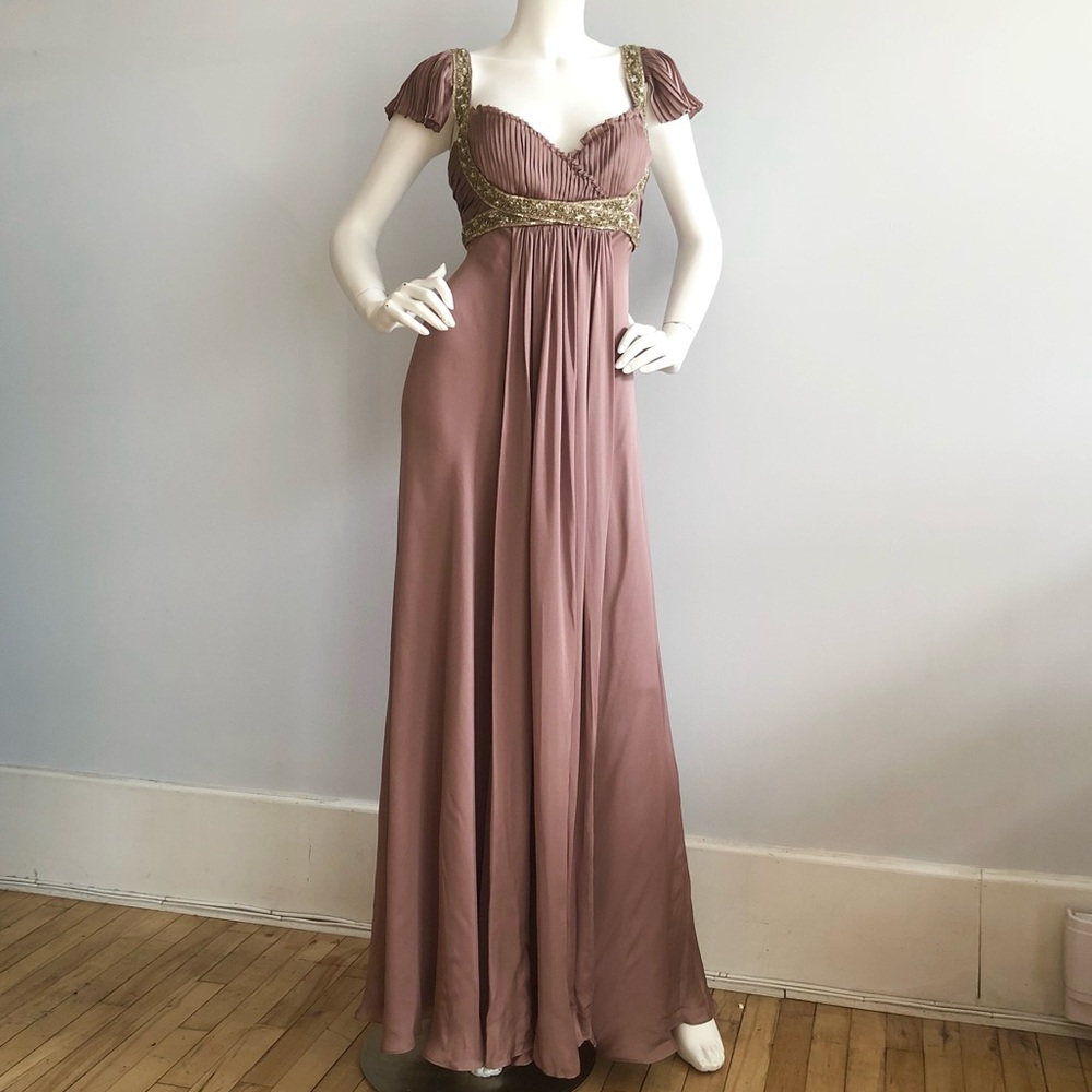 Marchesa Mauve Sequin Bugle Bead Silk Pleated Gown